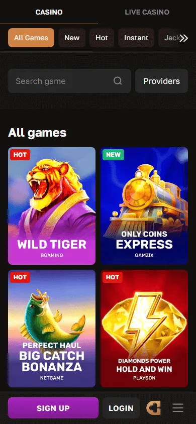 Crowngold Casino games area on a mobile device