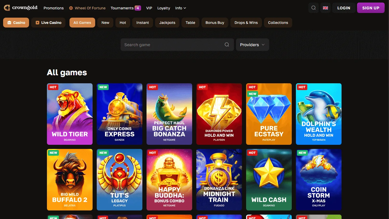 Crowngold Casino games area on desktop