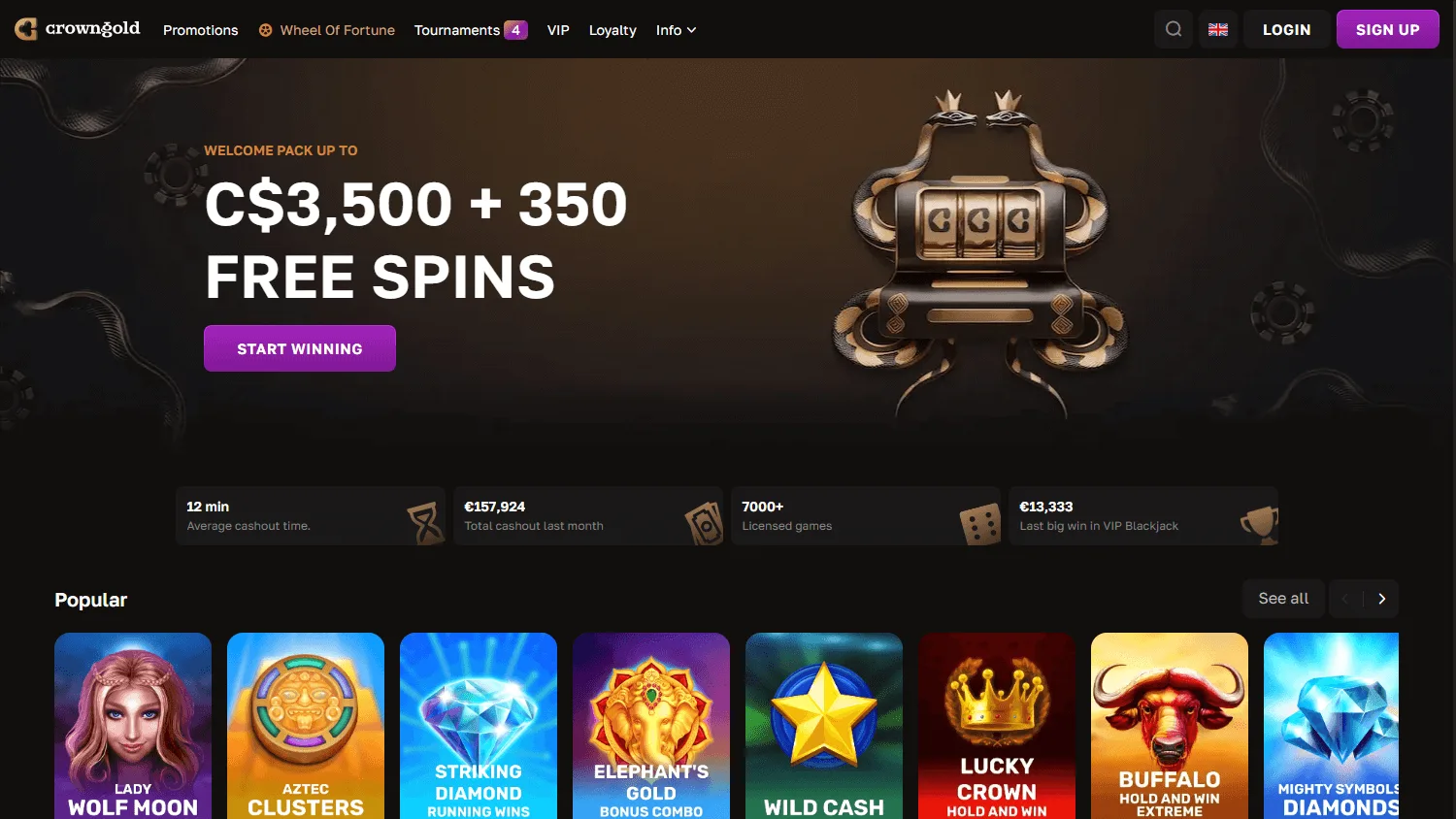 Crowngold Casino home screen on desktop