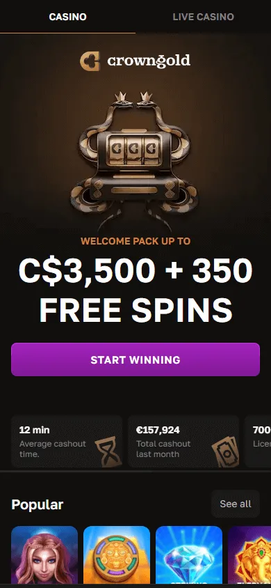 Crowngold Casino home screen on a mobile device