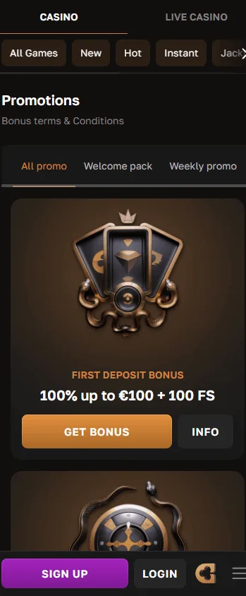 Crowngold Casino promotions area on a mobile device